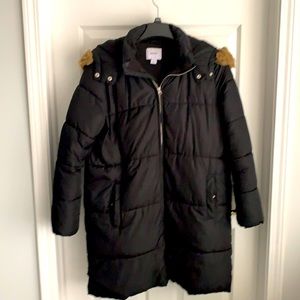 Black, knee length, puffer jacket